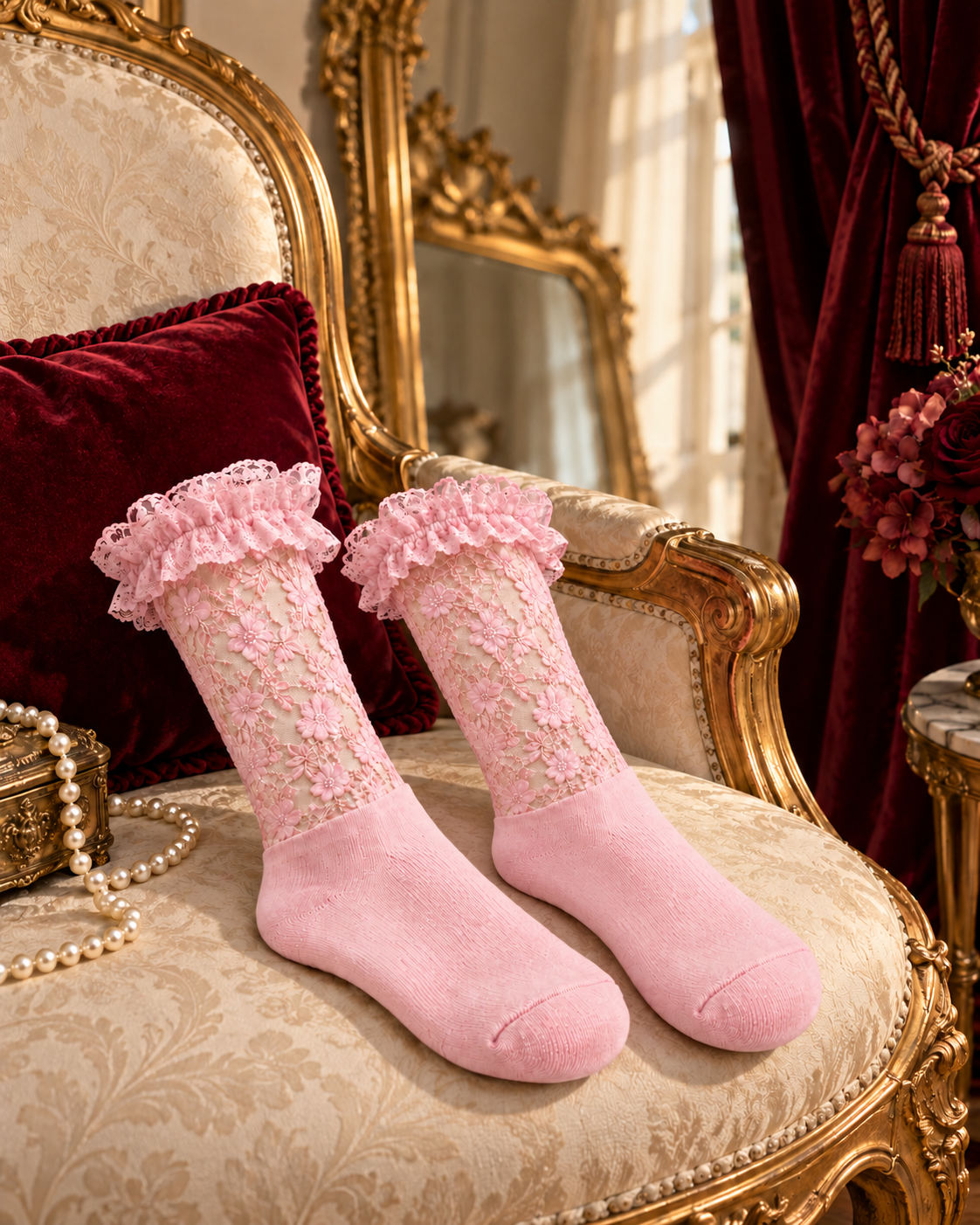 Pink floral lace socks together on an antique gold chair, with a vintage mirror and burgundy velvet
