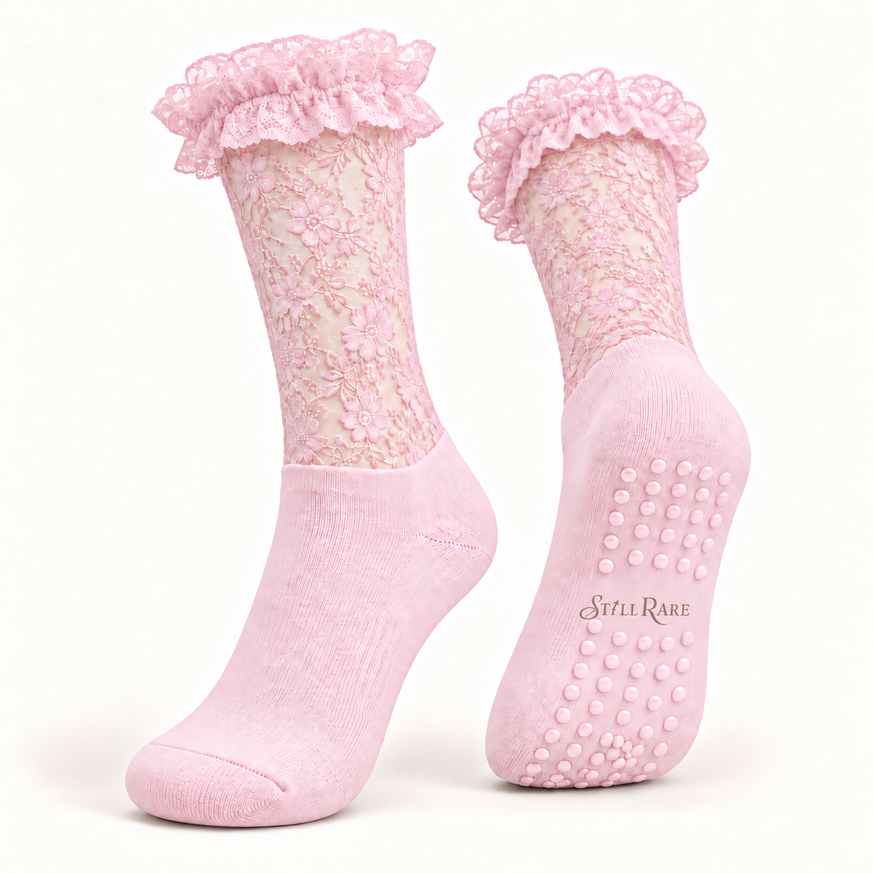Baby pink floral lace grip socks